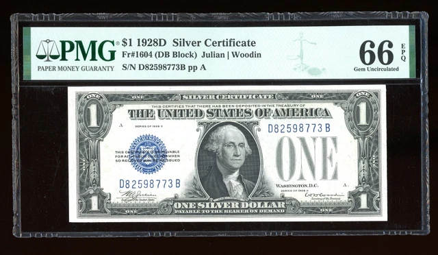 DBR Rare 1928-D $1 Silver Gem Fr. 1604 DB Block PMG 66 EPQ Serial D82598773B