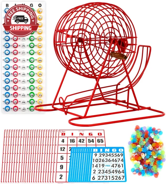 - Complete Party Bingo Set - Includes 11 Inch Cage, 50 Jumbo Reusable Cards, 18