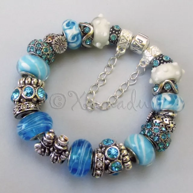 Genuine Sterling Silver Pandora Bracelet With Turquoise Blue Murano Glass Beads 2