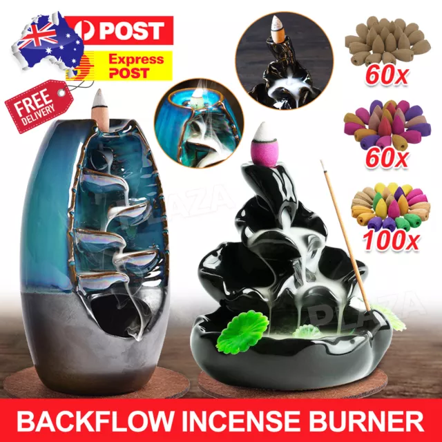 Incense Burner Mountain Waterfall Smoke Backflow Ceramic Cone Holder +110 Cones