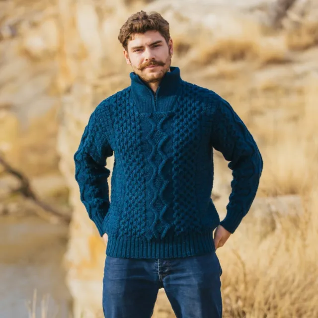 SAOL Irish Fisherman Merino Wool Sweater Men's Cable Knit Aran Zip Neck Cardigan