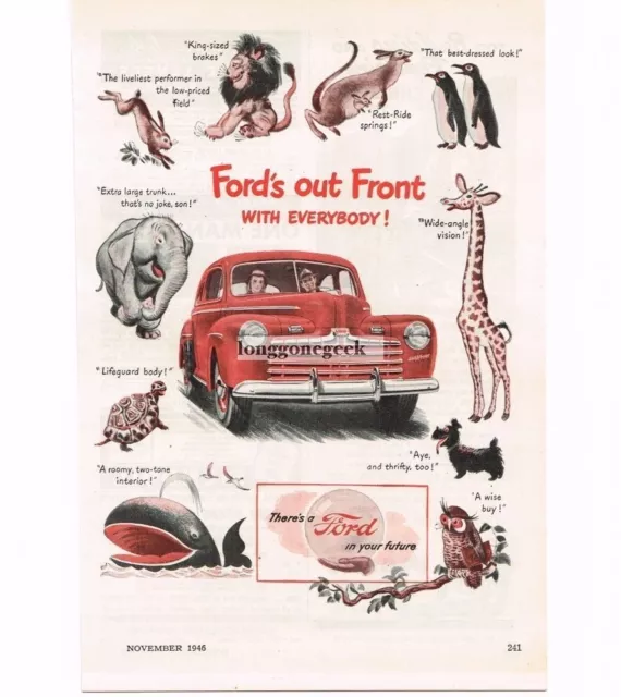 1946 Ford Giraffe Elephant Owl Lion Penguin Whale Turtle Rabbit Vintage Print Ad