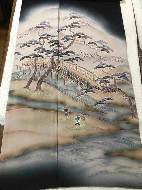 @@Japanese kimono fabric, tomesode black silk/Tokai-Do, Yuzen dyeing AP30