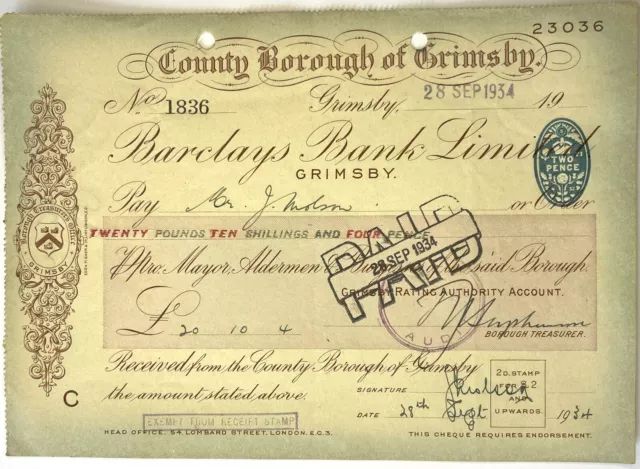 County Borough of Grimsby Barclays Bank Limited Cheque 1934 (W1)
