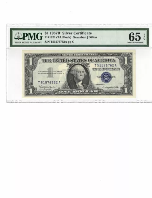 1957B -$1 Silver Certificate PMG Gem Uncirculated 65 EPQ FR # 1621 TA Block