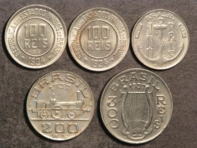 BRAZIL 1934 100 Reis (2) / 1937 100-200-300 Reis - Lot of 5 AU-Unc Coins