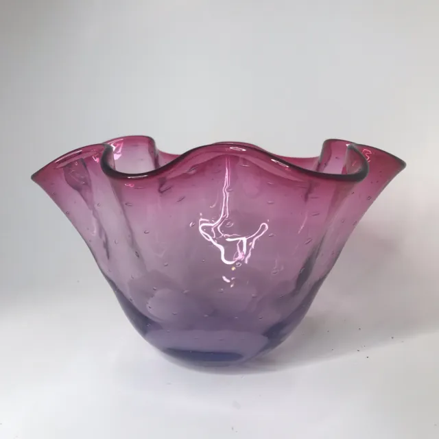 Vintage Hand Blown Pink Purple Art Glass Bowl Signed Jablonski Flower Bullicante