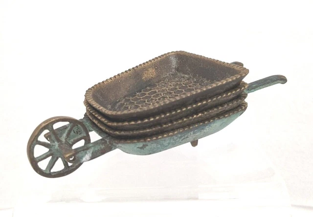 FR. Vintage Hakuli Brass Green Enamel Wheelbarrow With Stacking Ashtrays Israel