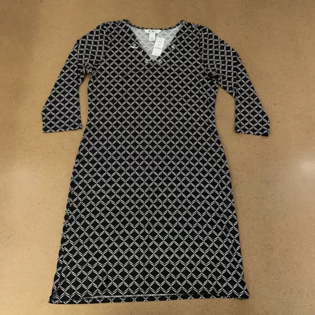 WHBM Women's Size Small Black Chain Lace Up V Neck 3/4 Sleeve Shift Dress NWT