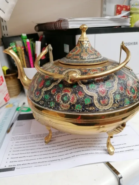 vintage brass kettle with enamelled detail CG W28