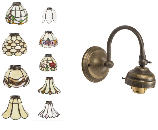 Applique ottone brunito,lampada parete stile liberty con vetro stile tiffany ac9