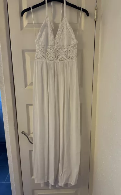 Monsoon Cream Crochet Sheer Beach Maxi Dress Size 10 / 12 Great Condition