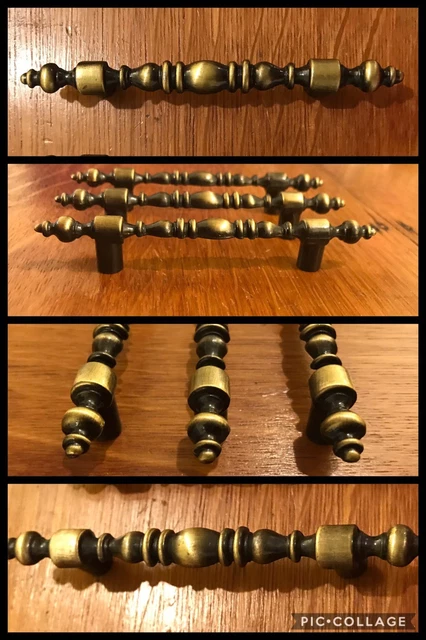 3 HANDLES Colonial Antique Brass Bar Pull Drawer Cabinet Mid Century Vintage