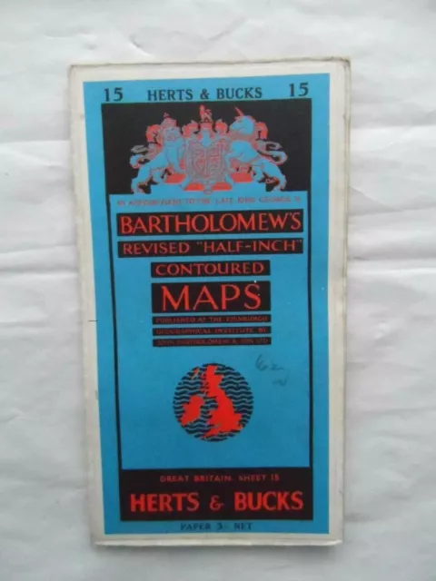 Vintage Bartholomew's Half Inch Paper Map Sheet 15 Herts & Bucks 1961