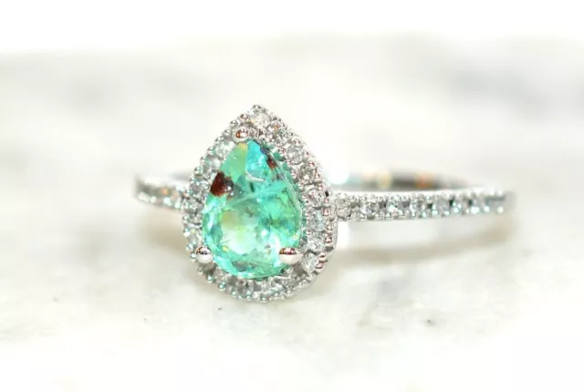 Natural Paraiba Tourmaline & Diamond Ring 10K White Gold plated Gemstone Ring 7s