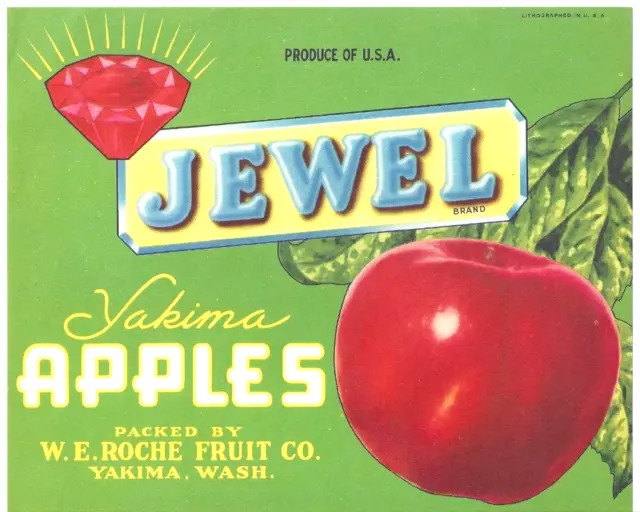 Original JEWEL apple crate label W E Roche Fruit Co Yakima WA red ruby green