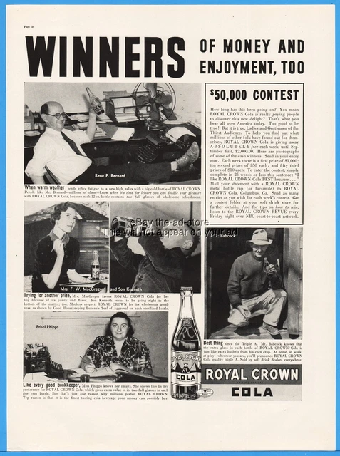 1938 Royal Crown RC Cola Contest Mrs F W MacGregor Rene Bernard Ethel Phipps Ad