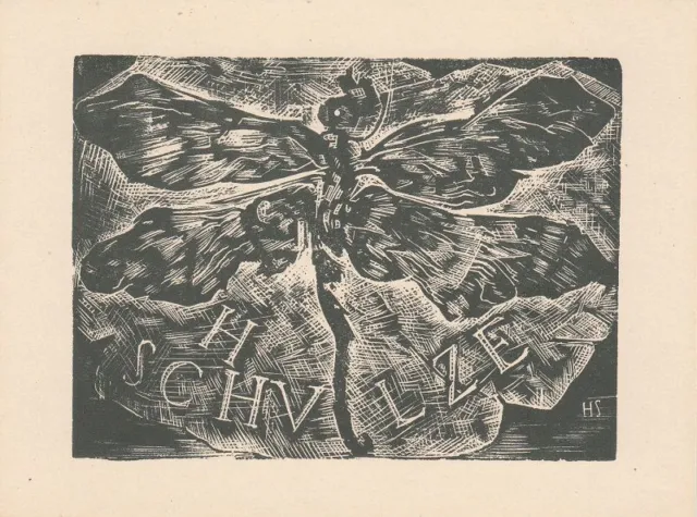 Exlibris Bookplate Gravure sur Bois Hans Schulze 1904-1982 Papillon Ipse