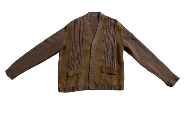 Vintage Mens Knit Sweater Cardigan Size L Brown Faux Suede 60s 70s