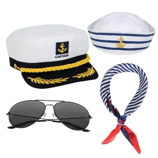 4 PCS YACHT Captain Hat Sailor Ship Cap Scarf Sunglasses Sailor Hat ...