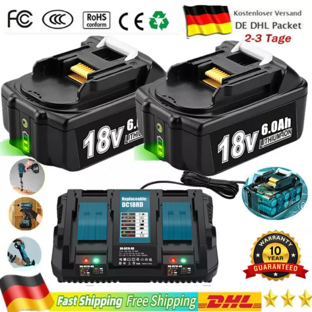 4x 18V 6.0Ah Akku Für Makita BL1830 BL1860B BL1815 Led Anzeige + Doppelladegerät