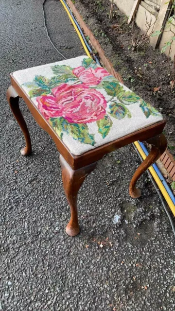 Beautiful Vintage Wooden Tall Stool With Tapestry Top And Bow Legs (C1) 3