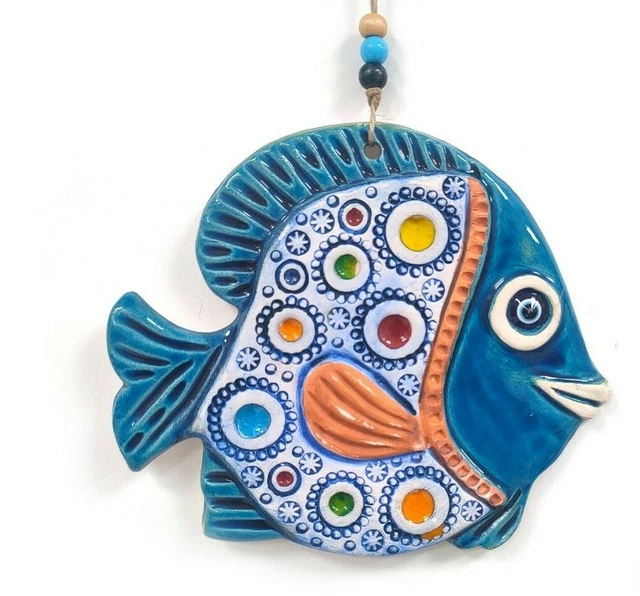 Handmade Handpainted Ceramic Turkish Tile  Hanging Fish Wall Hanging Evil Eye