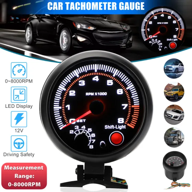 Universal 3.75" Car Tachometer Tacho Gauge Meter LED Shift Light 0-8000 RPM 12V