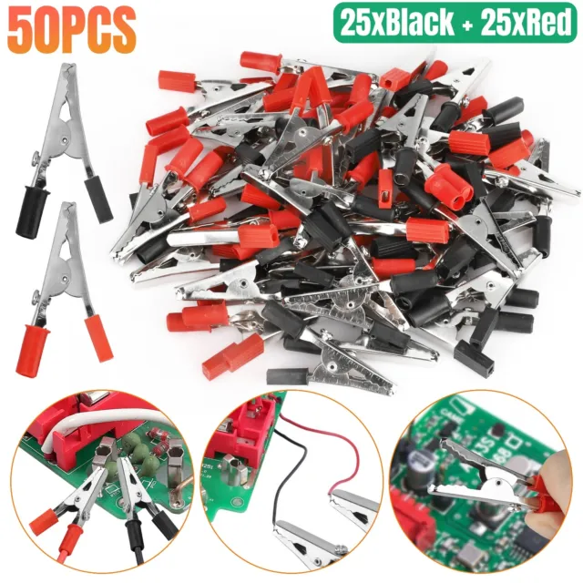 50Pcs Electrical Test Clamps Metal Alligator Clips Handle Bulk with Red & Black