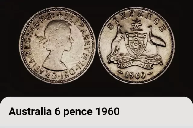 1960 Australia Sixpence Coin, Queen Elizabeth II. BONUS OFFERS. 0.500 Silver.