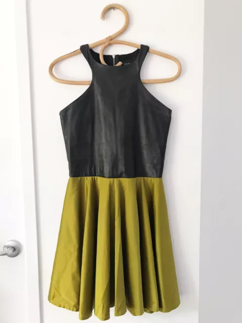 SOOT Size 6 Black/Green 100% Real Leather High Neck Fit & Flare Dress Australian
