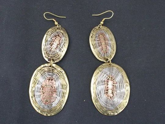 Pair Long India Braided Copper Brass Filigree Two Oval Medallion Dangle Earrings