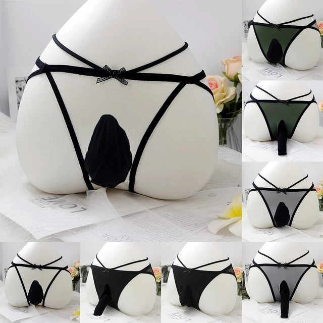 Men's Black Nylon G String Thong Lace Pouch Briefs Sissy Panties Lingerie