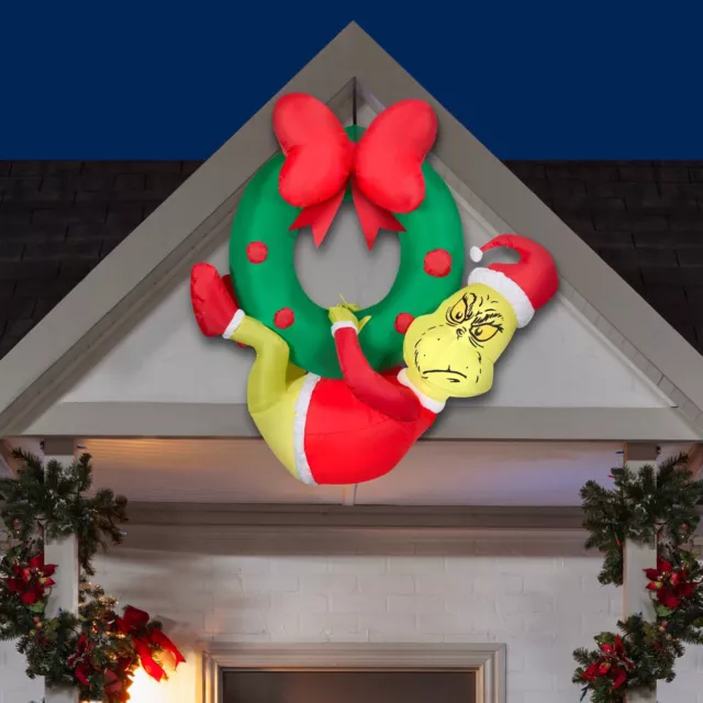Gemmy 4ft Dr. Seuss Grinch Hanging From Wreath Christmas Inflatable ~ Lights Up!