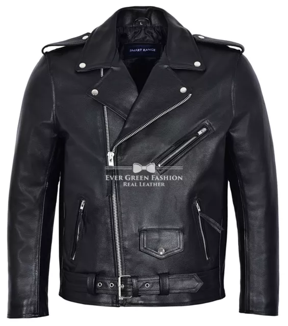 Men's BRANDO Black Leather Jacket Biker Fashion Real Cowhide Leather Jacket MBF