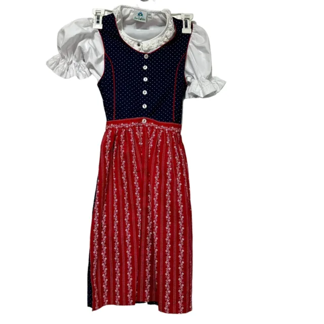 Isar Trachten Girl Dirndl Blue Red Polka Dot 3 Piece Dress Size 128