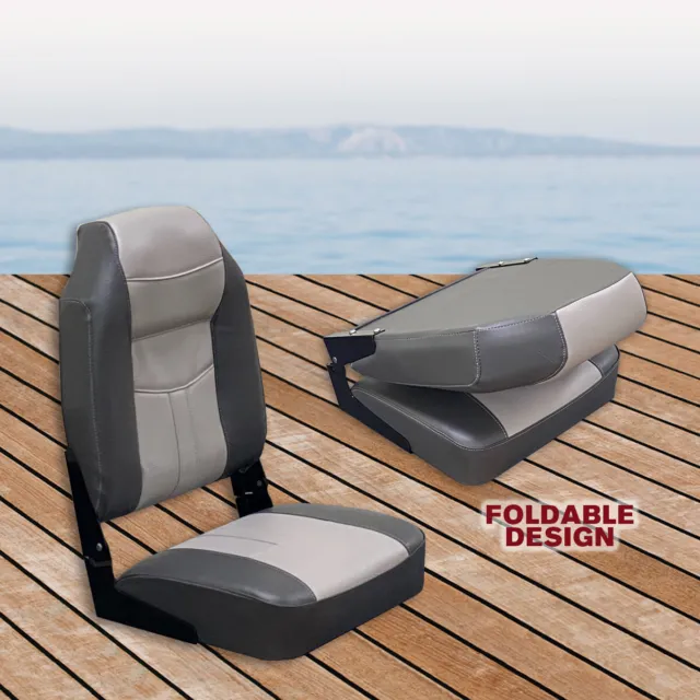 2 Premium High Back Folding Boat Seat, Marine Seating All Weather Charcoal/Grey 2