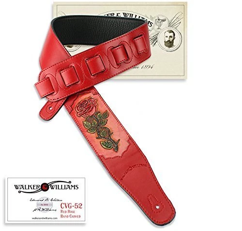 CVG-52 Padded Red Leather Strap Hand Tooled Leather Rose Design For Acoustic ...