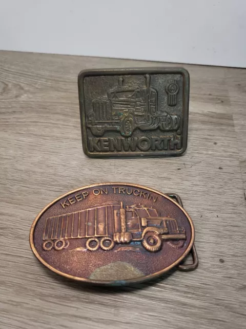Vintage Lot 2 70's Brass Belt Buckle  - Keep On Truckin - Kenworth Tarnish Spots