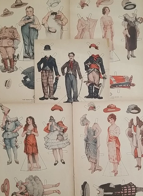 ANTIQUE VINTAGE LITHOGRAPH Charlie Chaplin Uncut Paper Dolls c1922