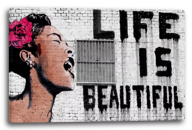 Lein-Wand-Bild Kunstdruck: Banksy Life is beautiful Frau mit Rose im Haar mit Sc
