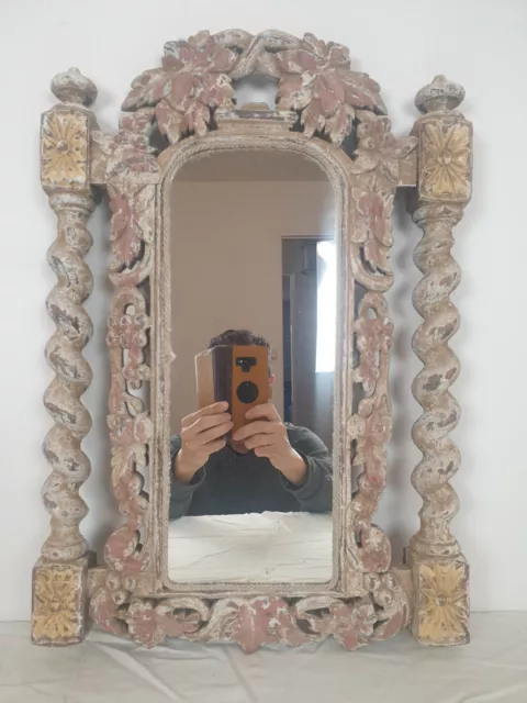 Miroir en bois sculpté polychrome, élément mural, architectural, ornementation