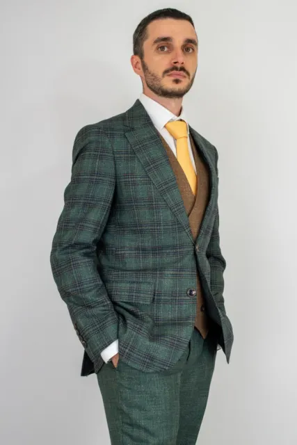 Men’s Racing Green Tweed 3 Piece Suit Wool Tweed Check 1920s Gatsby Formal Dress