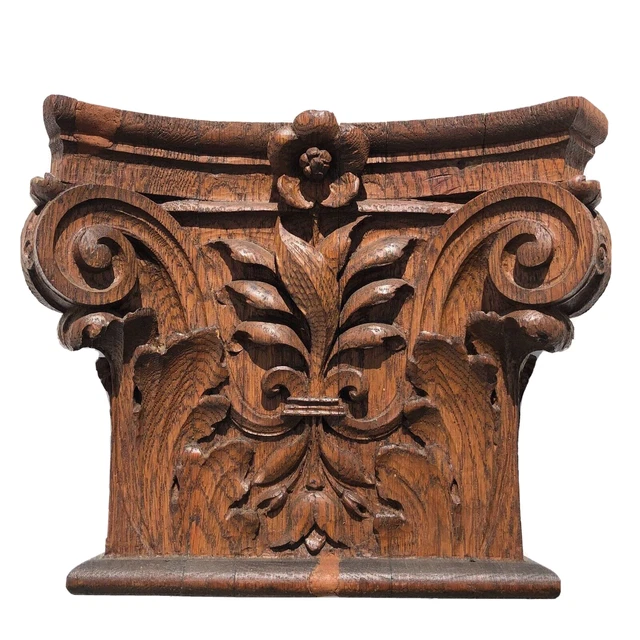antique hand carved oak Half Capital Pillar Top Corinthian leaves floral scroll