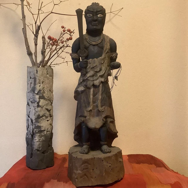 JAPAN Antique 19TH C FUDO MYOO ACALA NIO Buddha Large Wooden Statue 16.9 inch