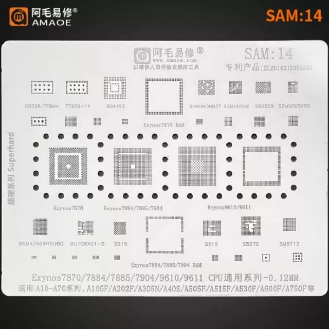 AMAOE BGA Reballing Stencil SAM:14 For SAMSUNG A10- A70 Exynos7870 7904 9610 CPU