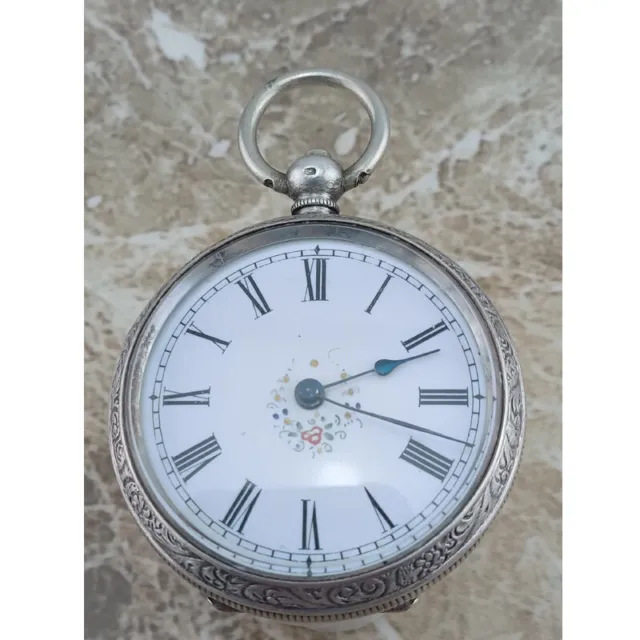 Pretty Swiss Silver Lepine Key-WInd 15 Jewel Polychrome Enamel Pocket Watch 1889