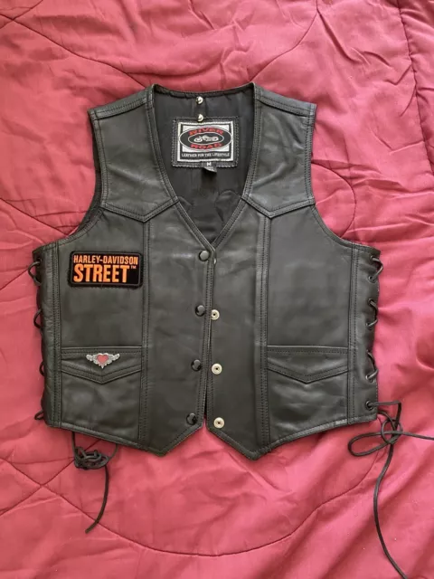 River Road Black Leather Motorcycle Biker Vest W/Patches Size M