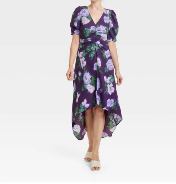 Women's Crepe Short Sleeve Midi Dress - A New Day™ Purple Floral Medium NWT