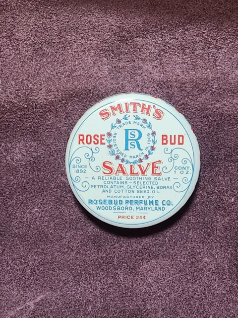 Circa 1914 Smith's Rose Bud Salve Tin Woodsboro, MI Advertising, Drug Store